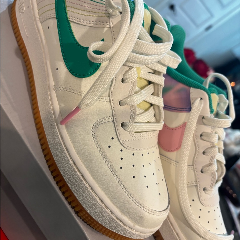 Kids White Sneakers with Pink & Teal Swooshes - Brand